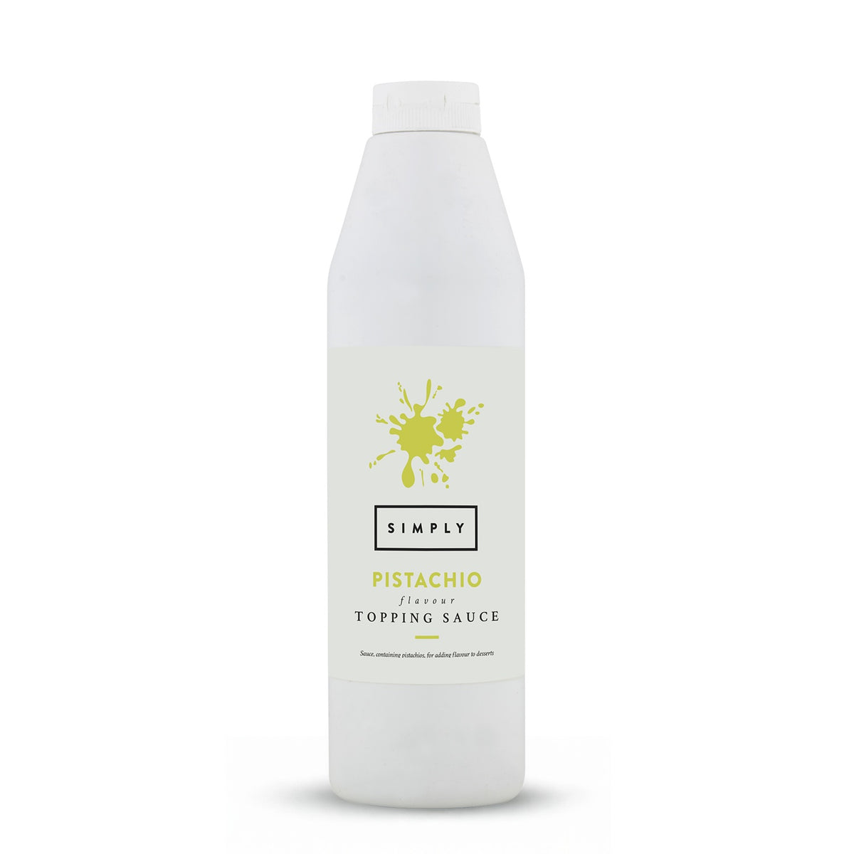 A tall white plastic bottle of Simply Pistachio Flavour Topping Sauce on a clean white background.