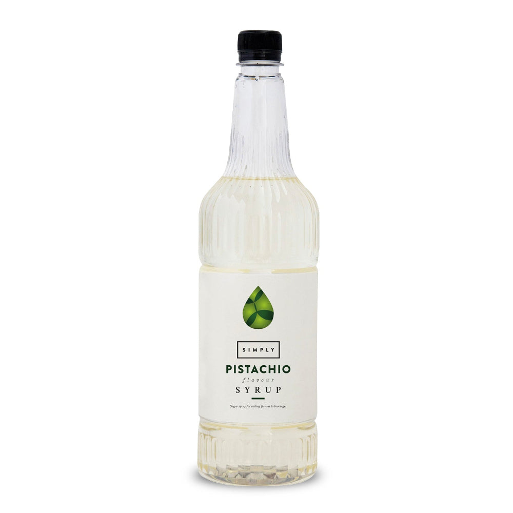 A bottle of Simply Pistachio Syrup with a white label and black cap, photographed on a clean white background.