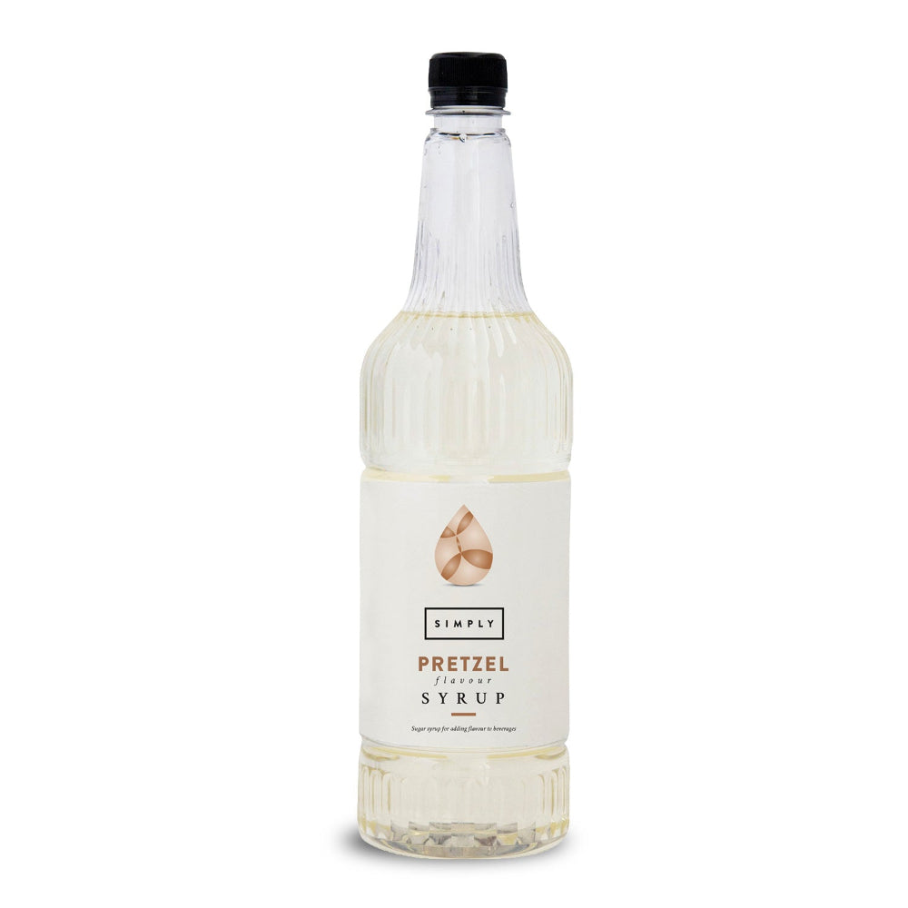 A bottle of Simply Pretzel Flavor Syrup with a white label and black cap, shown on a clean white background.
