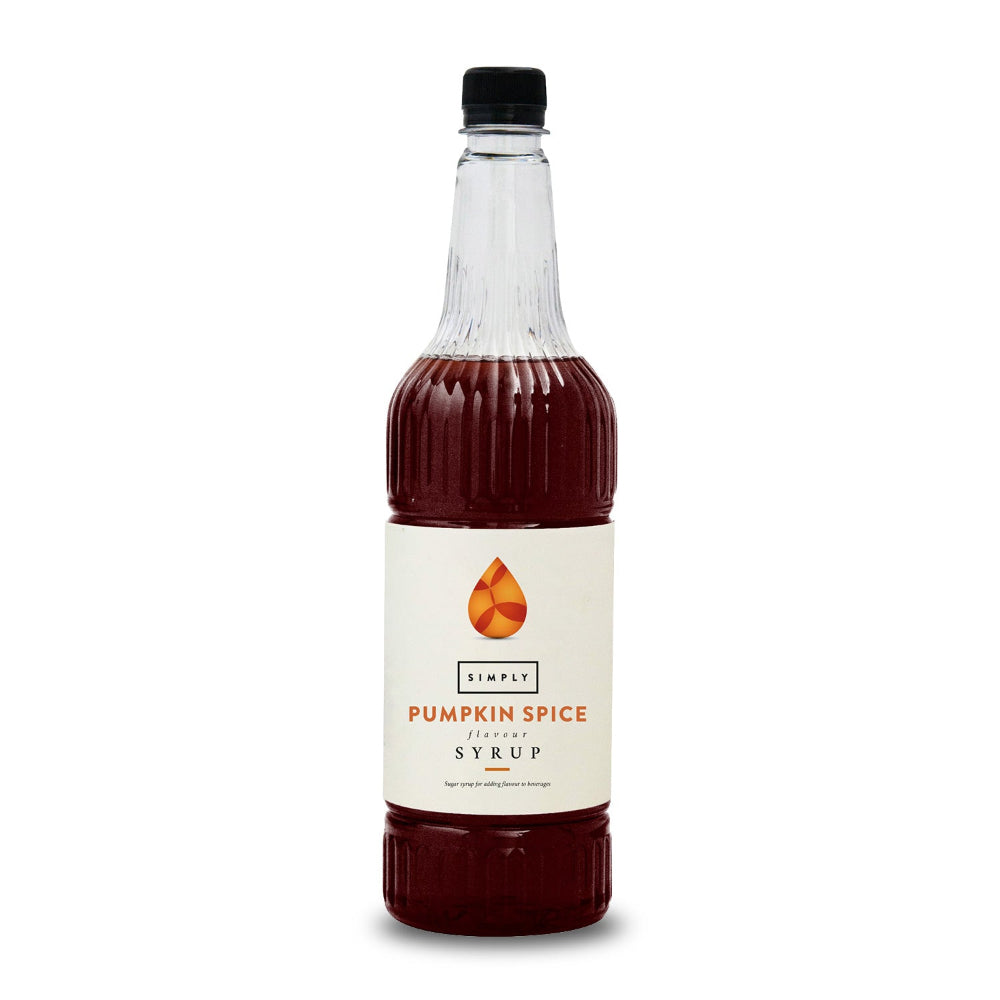 A bottle of Simply Pumpkin Spice Syrup with a cream-colored label and a black cap, shown on a clean white background.