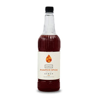 A bottle of Simply Pumpkin Spice Syrup with a cream-colored label and a black cap, shown on a clean white background.