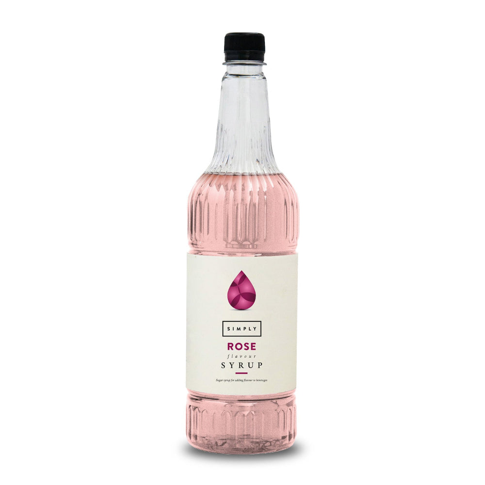 A bottle of Simply Rose Flavored Syrup with a black cap and a cream-colored label, containing pink liquid, shown on a white background.