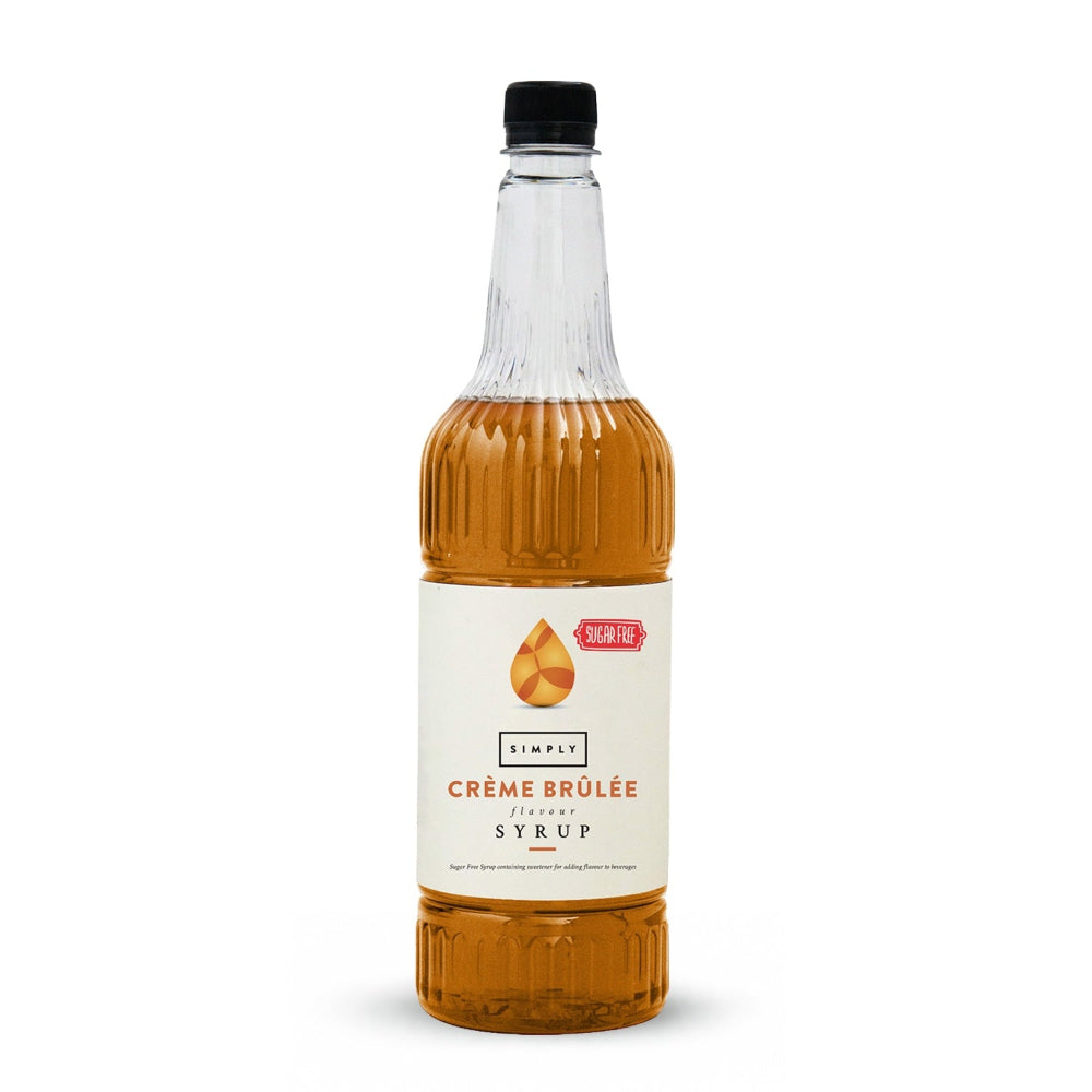 A bottle of Simply Crème Brûlée Syrup with amber-colored liquid inside a ribbed glass bottle, featuring a white label and a black cap, set against a plain white background.