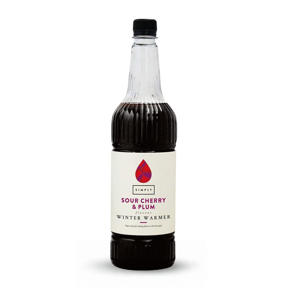 A bottle of Simply Made Sour Cherry & Plum syrup, labeled 'The Winter Warmer', on a clean white background.