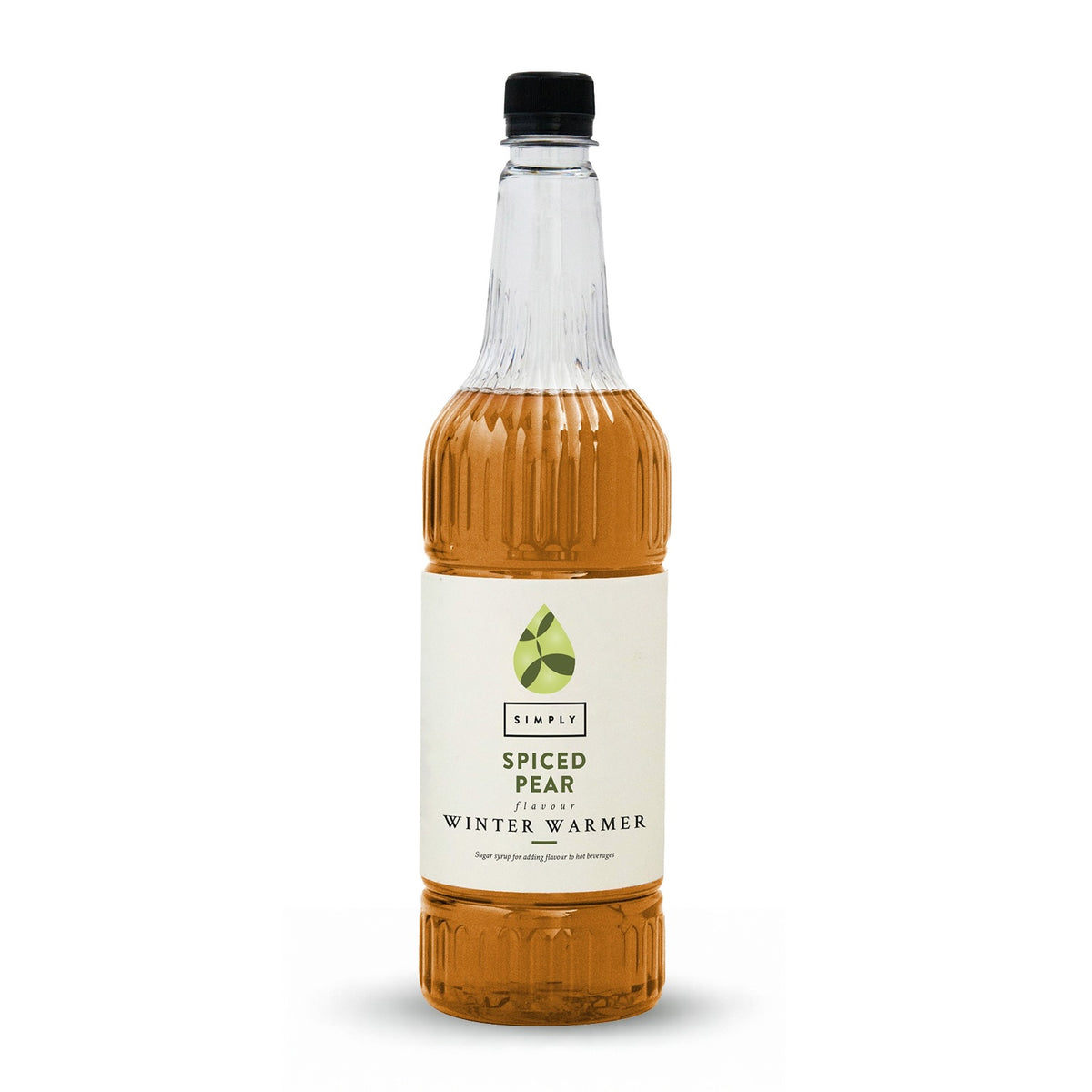 A bottle of Simply Spiced Pear warmer for winter syrup with amber liquid, a white label, and a black cap, centered on a white background.