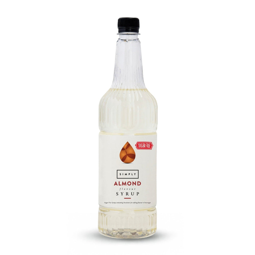 A bottle of Simply Almond Flavour Syrup with a white label and black cap, shown on a clean white background.