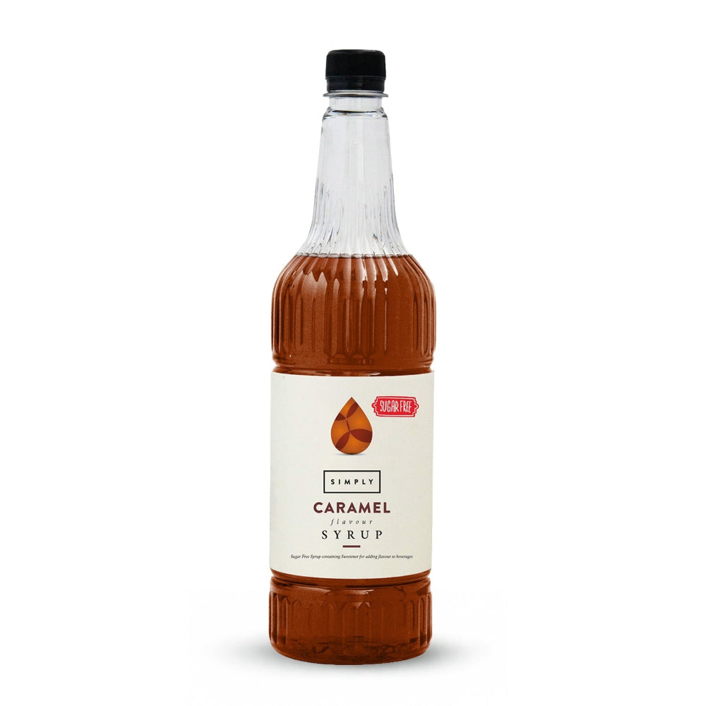 A bottle of Simply Caramel Syrup with a black cap and a cream-colored label, shown on a plain white background.
