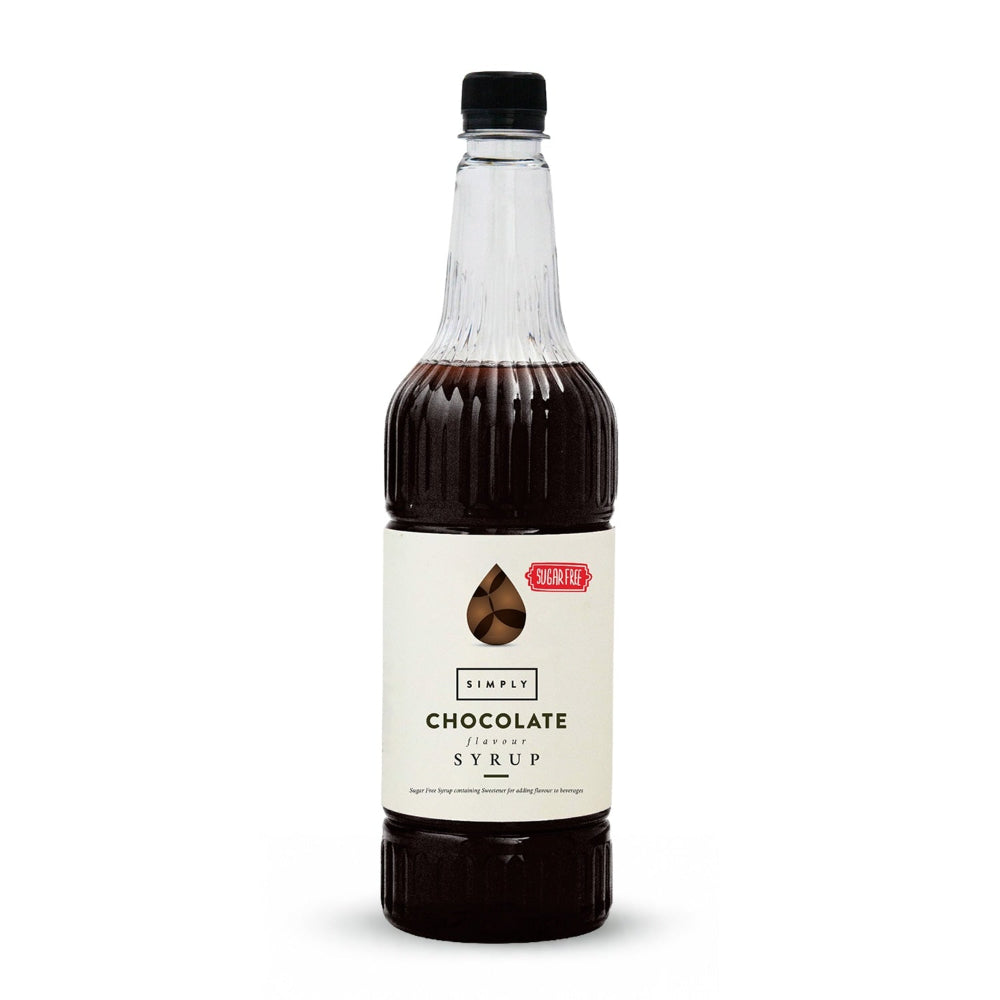 A bottle of Simply Chocolate Syrup with a cream-colored label and a black cap, shown on a clean white background.