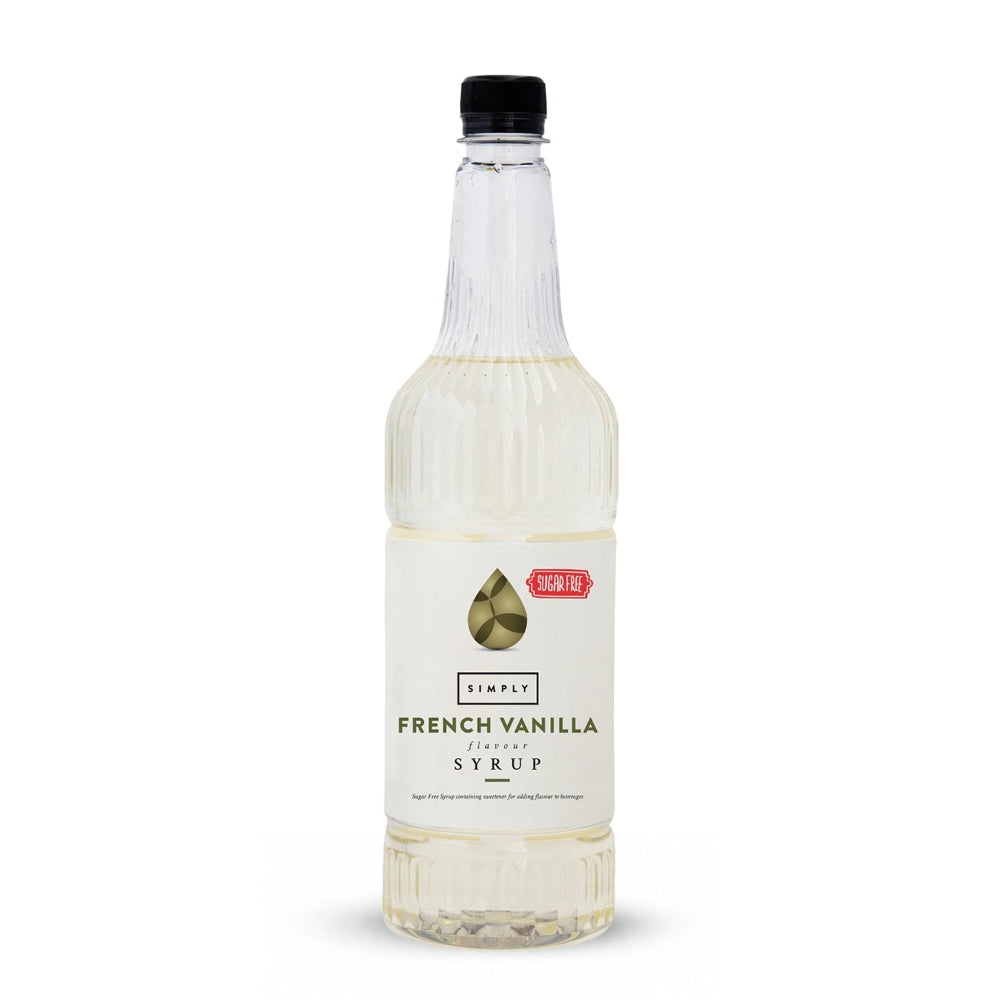 A bottle of Simply Vanilla French Vanilla Syrup with a white label and black cap, shown on a clean white background.