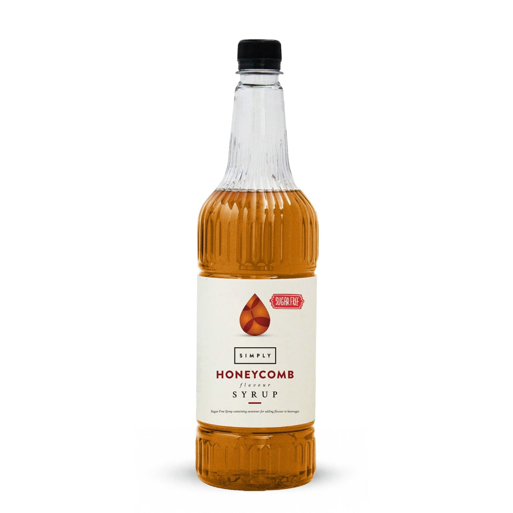 A bottle of Simply Honeycomb Infused Syrup filled with amber-colored liquid, featuring a white label and a black cap, set against a plain white background.