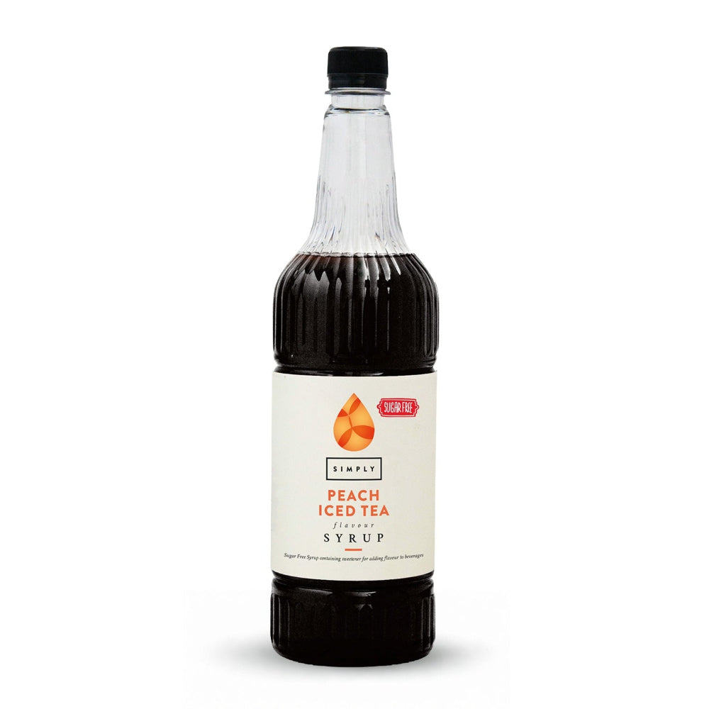 A bottle of Simply Peach Iced Tea Syrup with a black cap and a cream-colored label, shown on a clean white background.