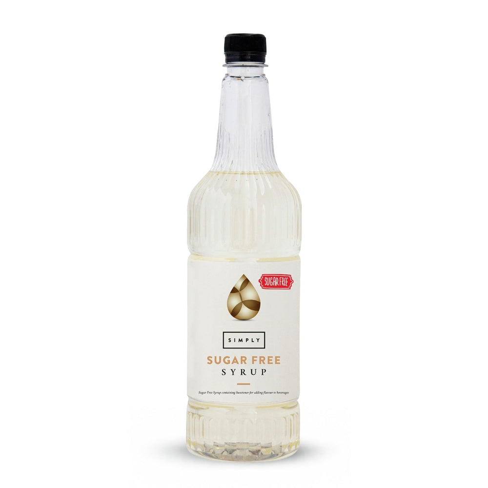 A bottle of Simply Sugar Free Syrup with a clear glass body, white label, and black cap, shown on a plain white background.