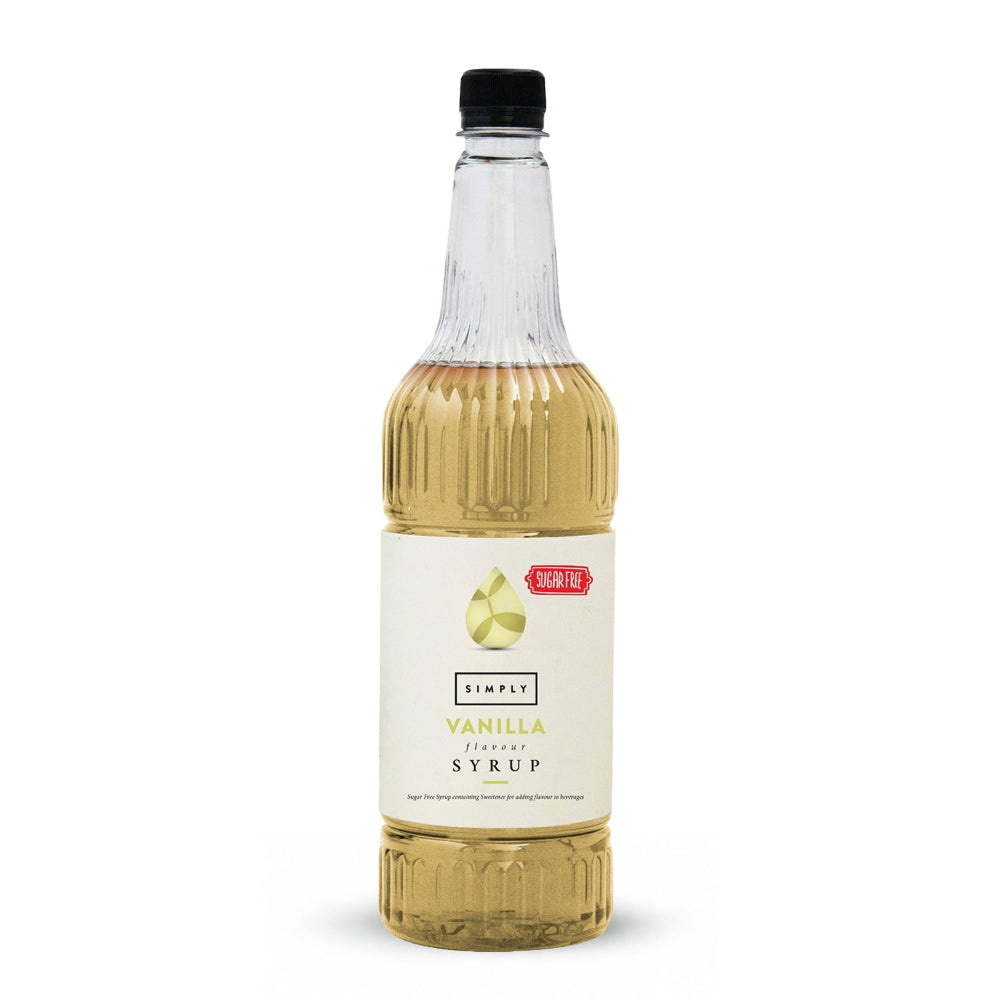 A bottle of Simply Vanilla Syrup with a white label and black cap, filled with light golden liquid, shown on a white background.