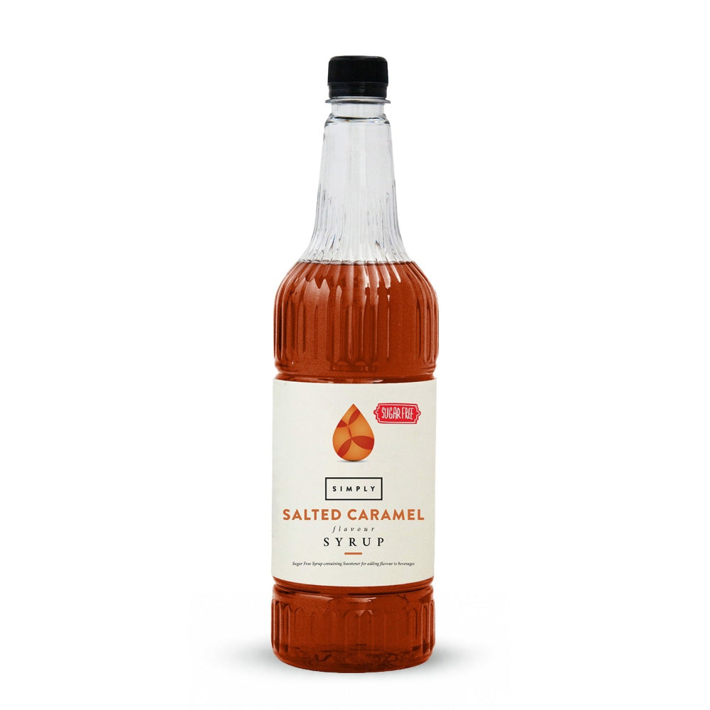 A bottle of Simply Salted Salted Caramel Syrup with a black cap and a cream-colored label, shown on a plain white background.