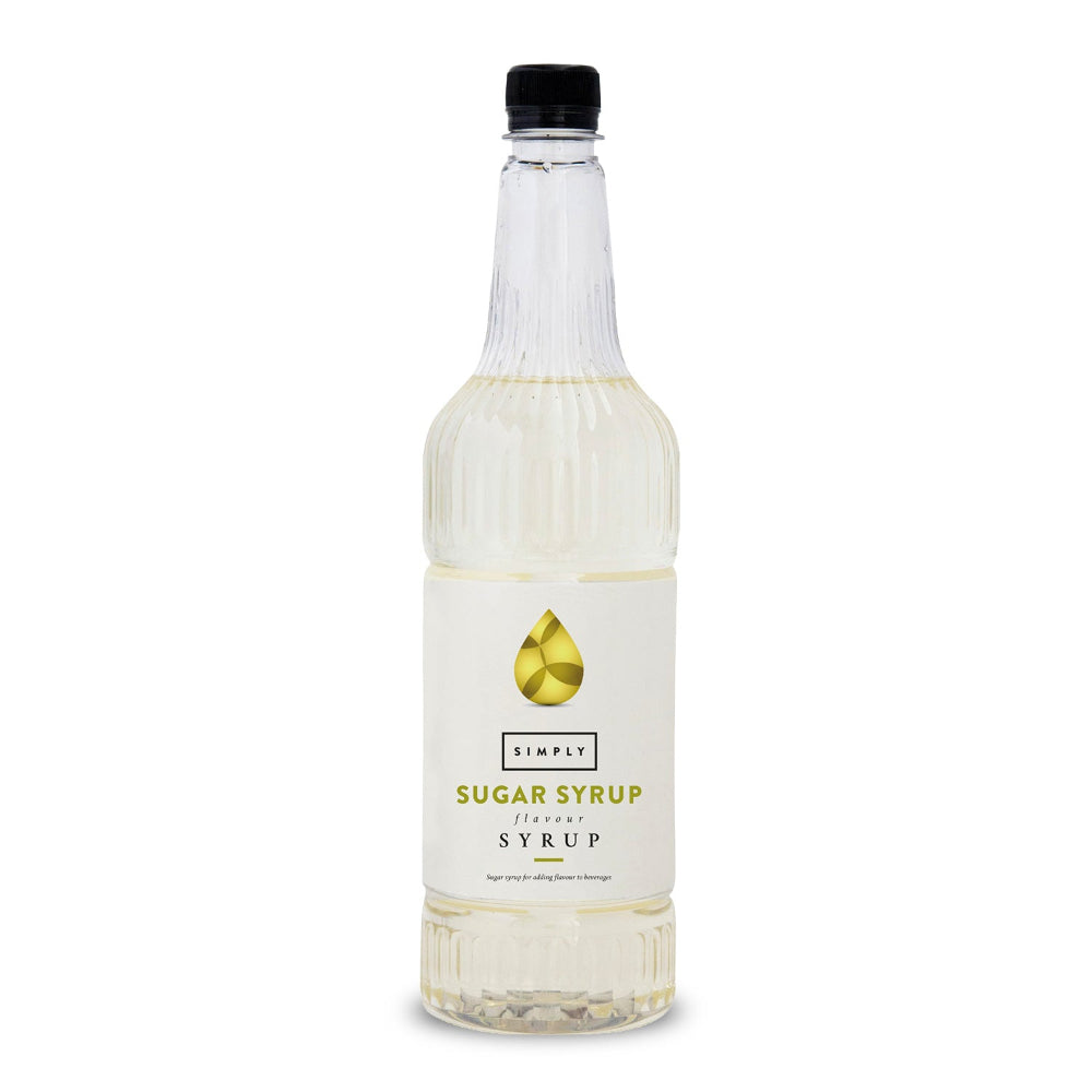 A bottle of Simply Sugar Syrup with a white label and black cap, photographed on a clean white background.