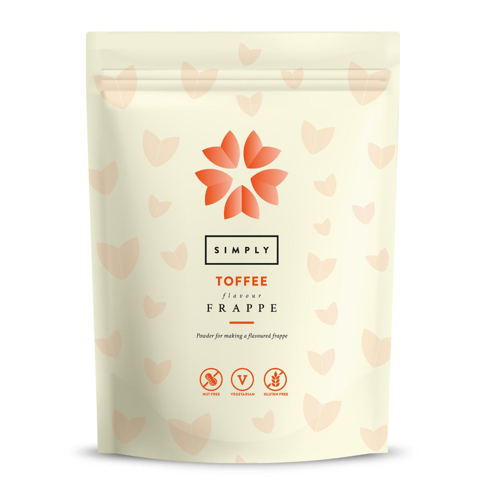 Simply Toffee Frappe powder in a cream-colored resealable stand-up pouch with a coral-orange flower logo and subtle heart pattern, shown on a white background.