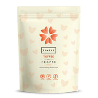 Simply Toffee Frappe powder in a cream-colored resealable stand-up pouch with a coral-orange flower logo and subtle heart pattern, shown on a white background.