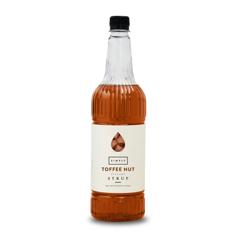A bottle of Simply Cured Coffee Roasted Toffee Nut Syrup with amber-colored liquid inside a ribbed glass bottle, featuring a cream label and a black cap, set against a plain white background.