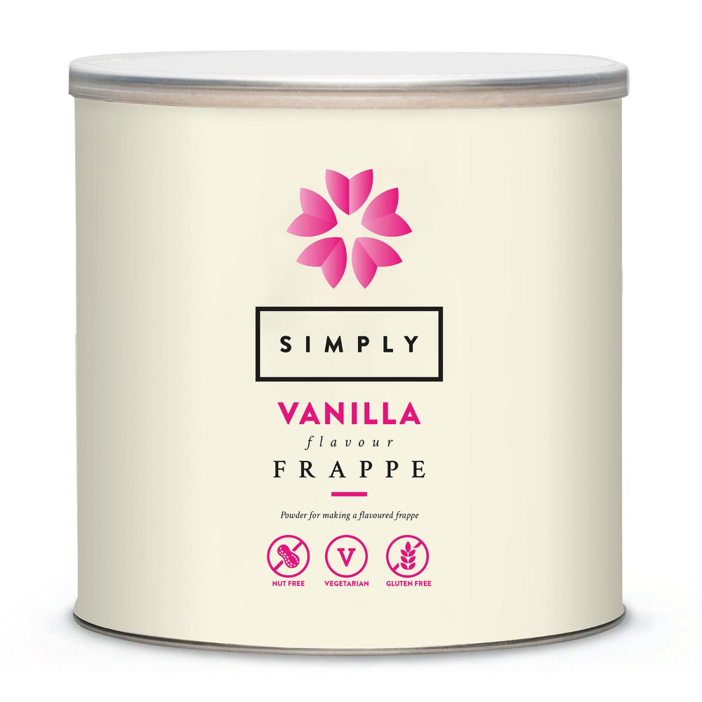 A tall cream-colored metal canister of Simply Vanilla Frappe flavor powder, featuring a pink flower logo and product details on a white background.