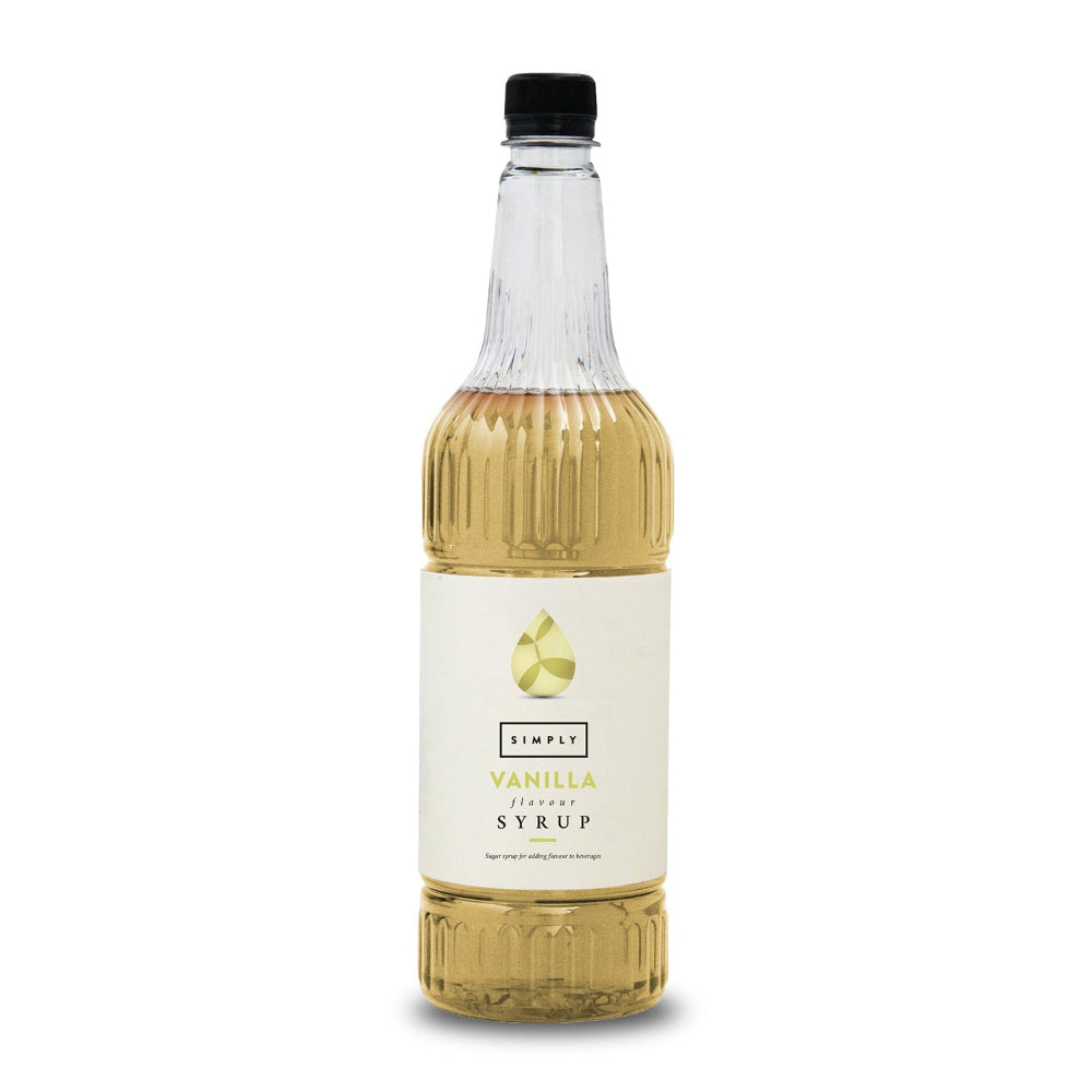 A bottle of Simply Vanilla Flavour Vanilla Syrup with a black cap and a cream-colored label, shown on a white background.