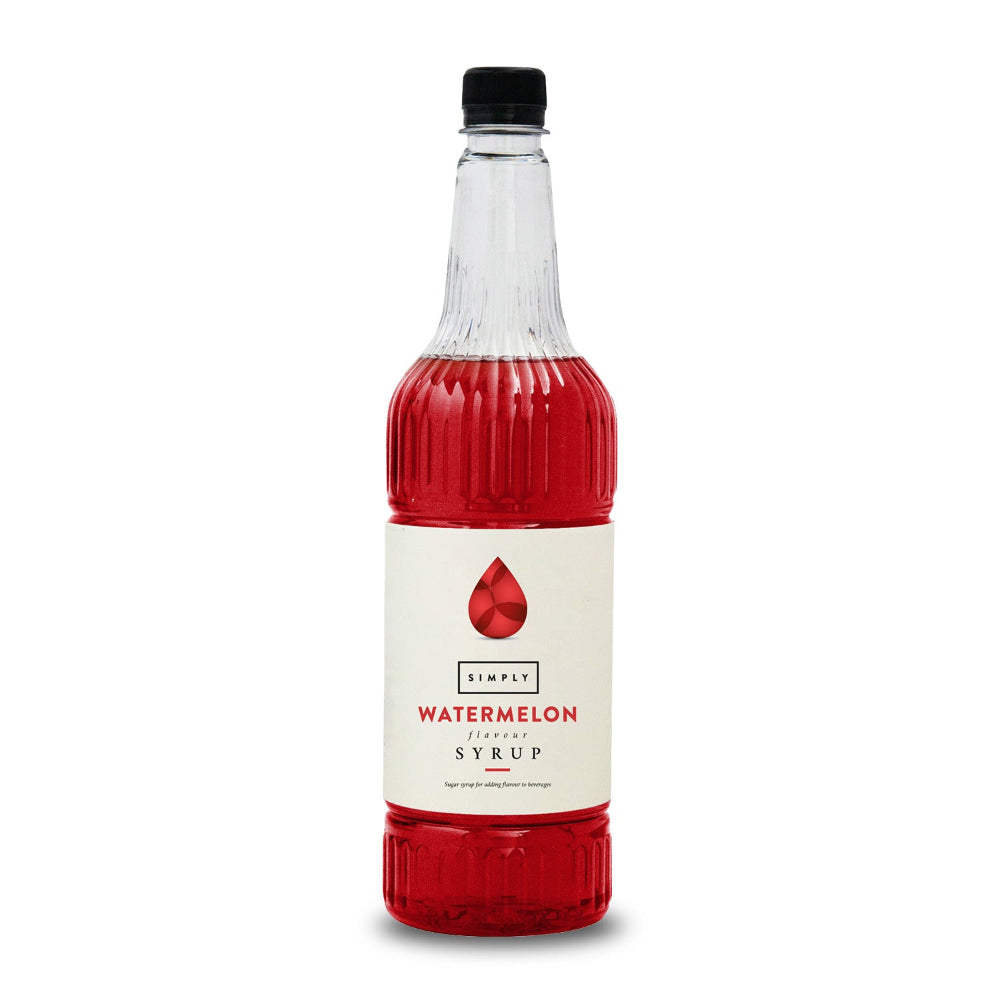 A bottle of Simply Watermelon Syrup with a clear glass bottle showing the red syrup inside, a white label with a red watermelon drop icon, and a black cap, set against a plain white background.