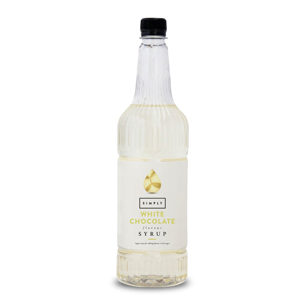 A bottle of Simply White Chocolate Flavor Syrup with a black cap and a white label featuring gold text and a gold geometric logo, set against a plain white background.