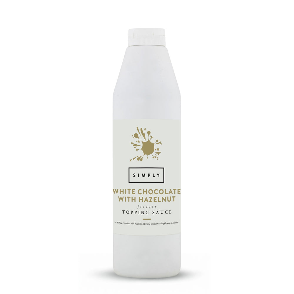 Simply white chocolate hazelnut sauce in a white plastic bottle