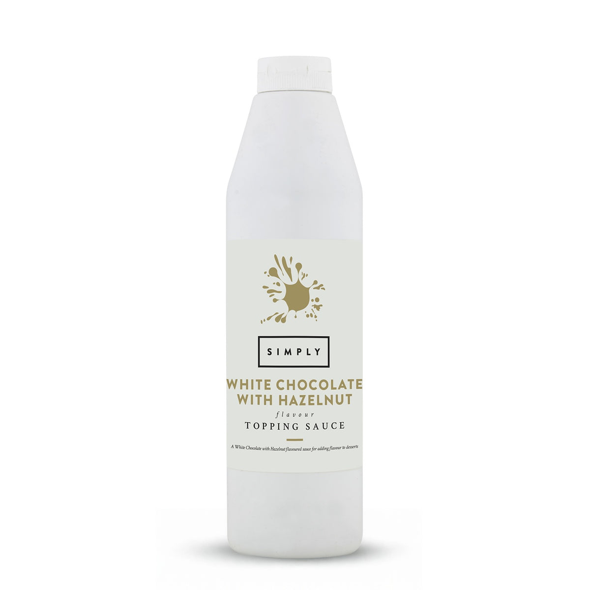 Simply white chocolate hazelnut sauce in a white plastic bottle