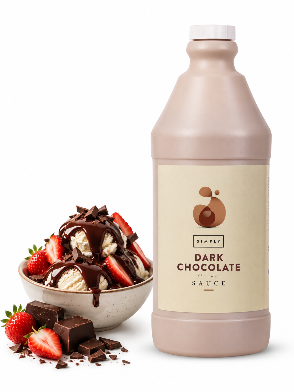 A large plastic bottle of Simply Dark Chocolate Vanilla Sauce stands next to a bowl of chocolate-covered ice cream with strawberries and chocolate chunks on a white background.