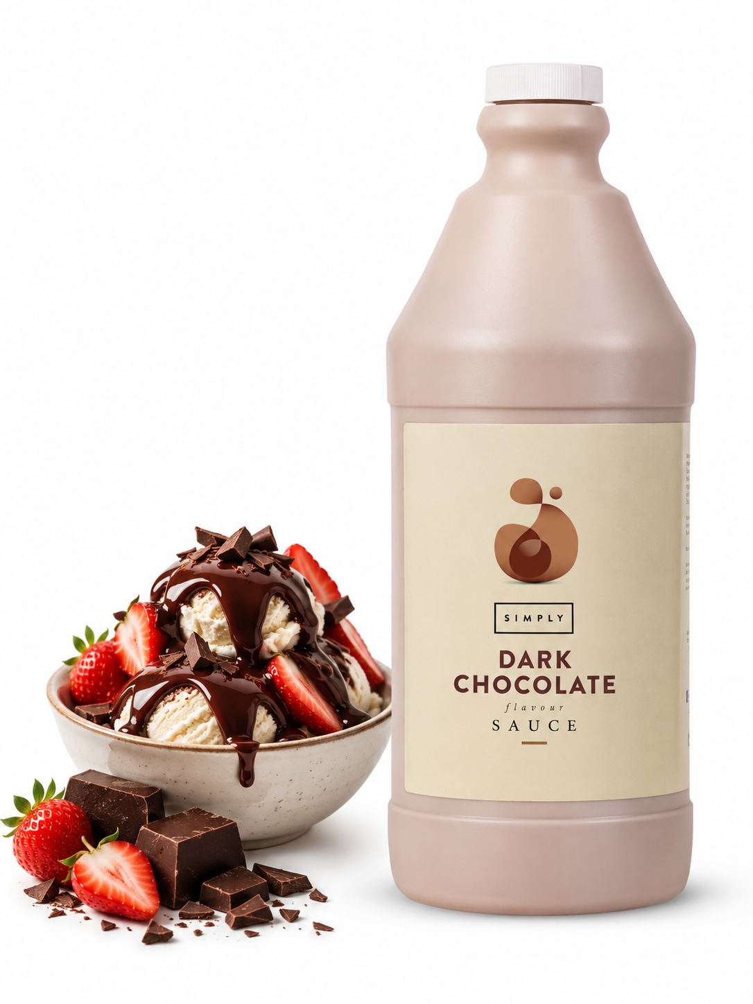 A large plastic bottle of Simply Dark Chocolate Vanilla Sauce stands next to a bowl of chocolate-covered ice cream with strawberries and chocolate chunks on a white background.