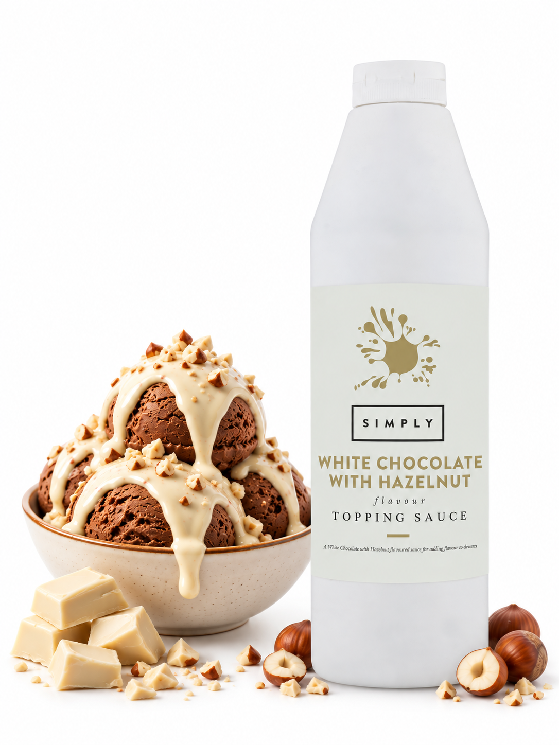 A bottle of Simply White Chocolate with Hazelnut Flavor Topping Sauce stands next to a bowl of chocolate ice cream topped with drizzled sauce and chopped nuts, with white chocolate chunks and hazelnuts on a white background.