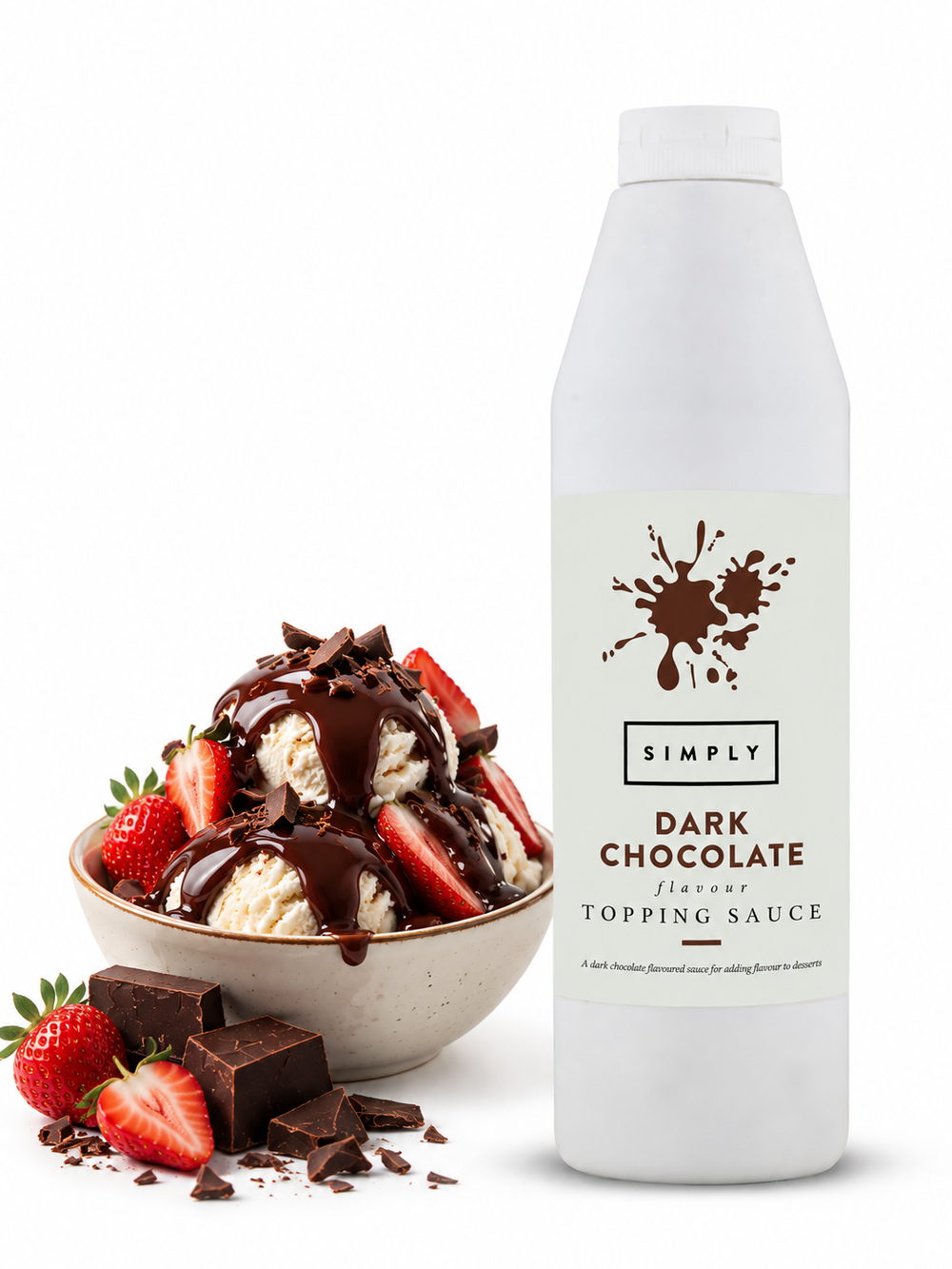 A bottle of Simply Dark Chocolate Flavor Topping Sauce stands next to a bowl of ice cream topped with chocolate sauce, strawberries, and chocolate chunks on a white background.