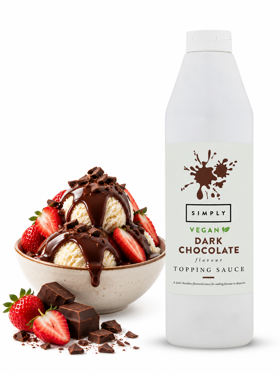 A bottle of Simply Vegan Dark Chocolate Topping Sauce stands next to a bowl of vanilla ice cream topped with chocolate sauce, strawberries, and chocolate chunks on a white background.