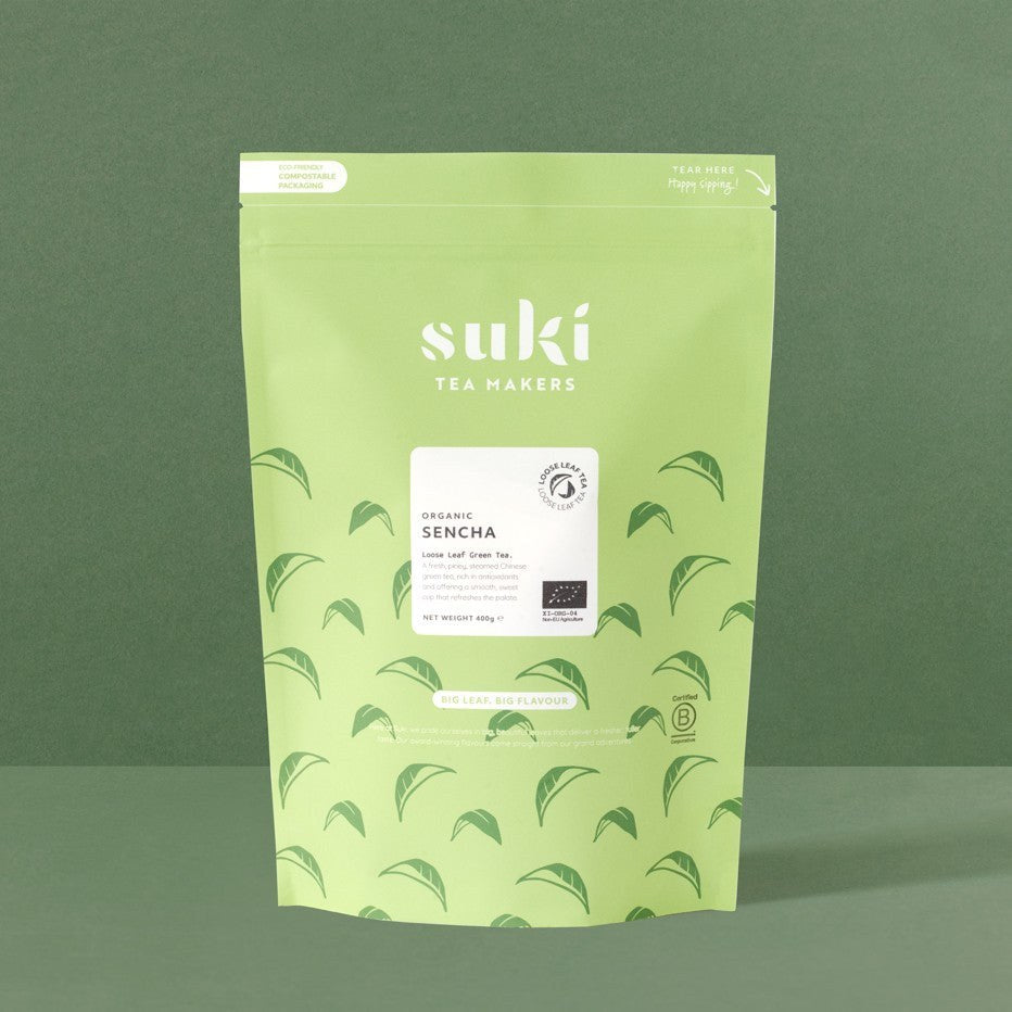 Suki Organic Green Tea Sencha Loose Leaf 400g compostable green pouch of fresh, piney Chinese green tea