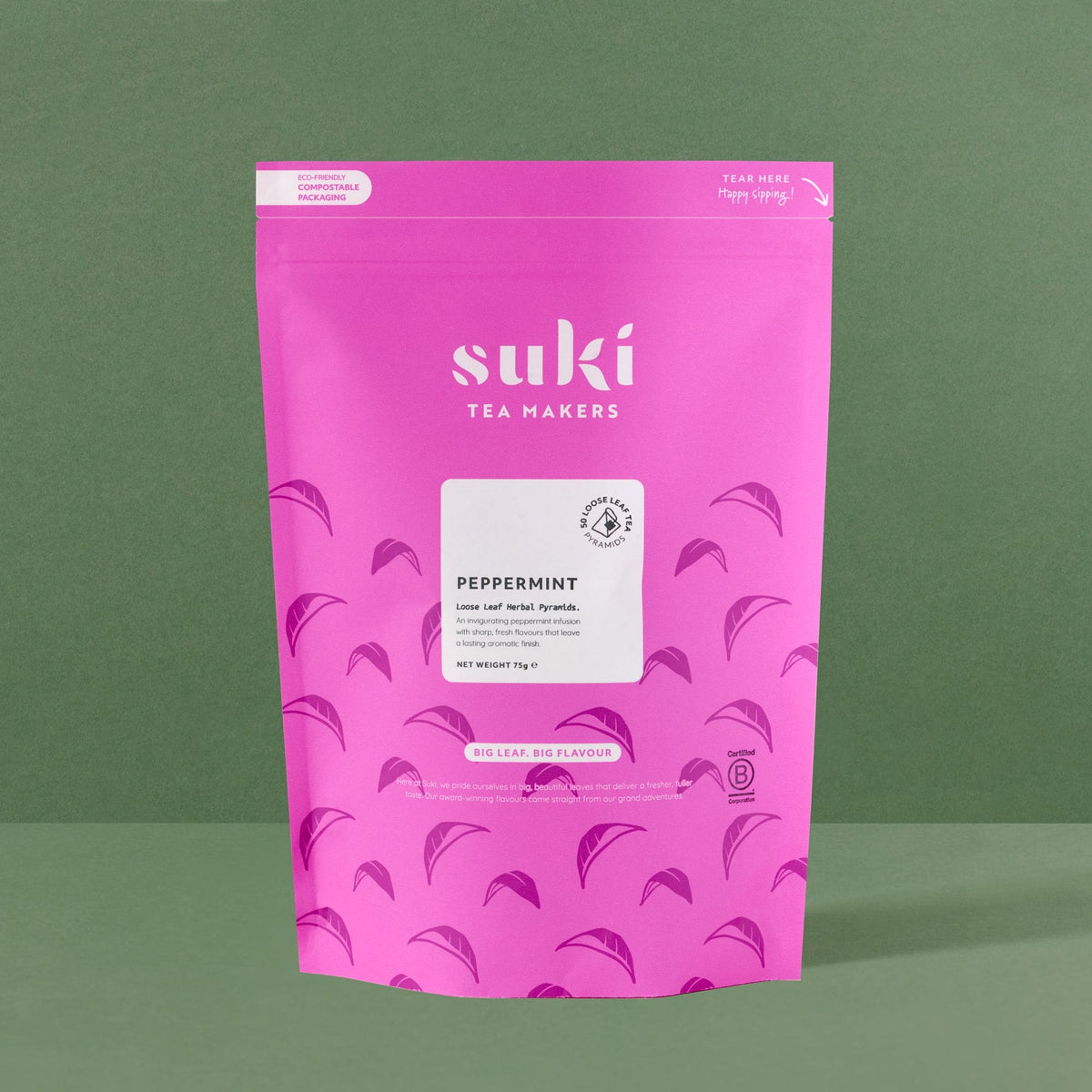 Suki Peppermint Tea loose leaf herbal pyramids 50 pack in a pink compostable pouch