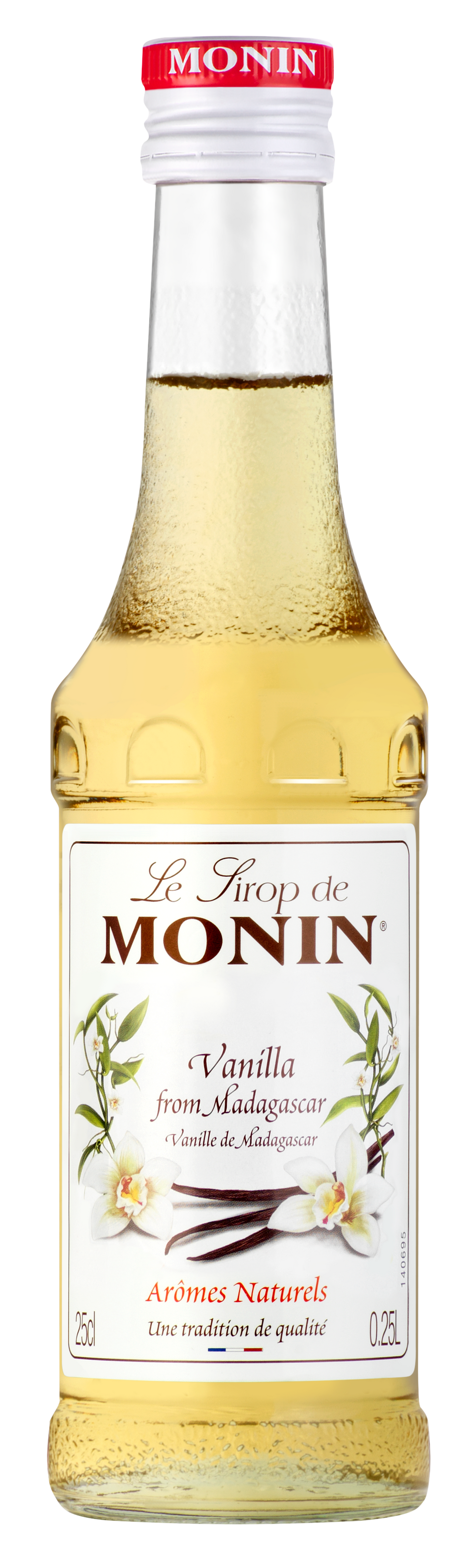 A 25cl glass bottle of Monin Vanilla Syrup with a white label and red accents, displaying the product name and a brief description.