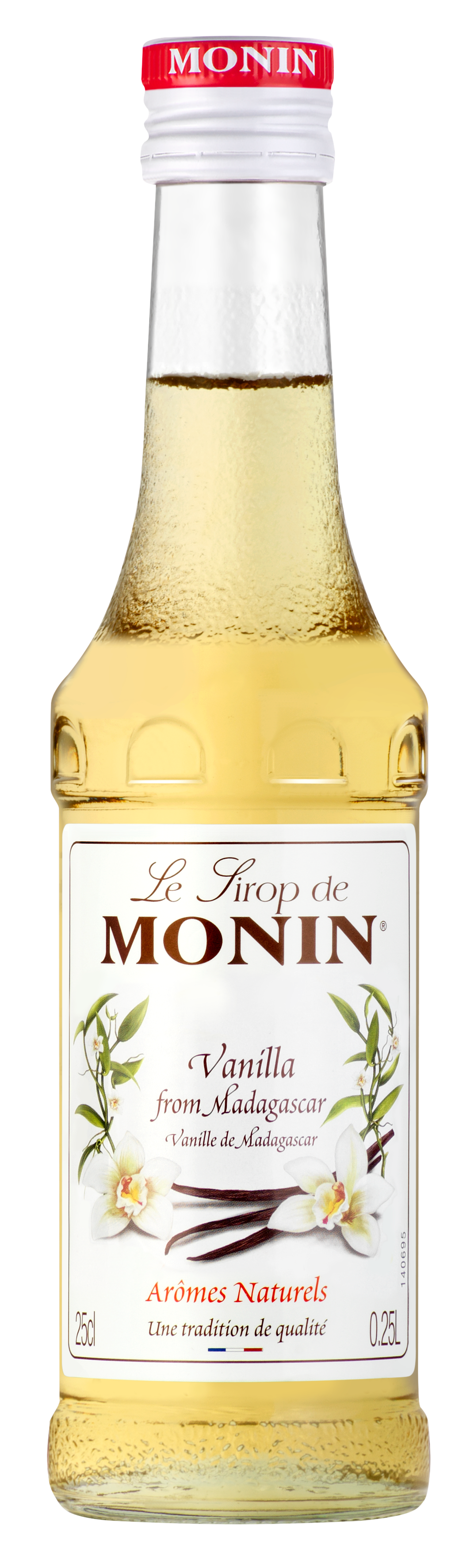 A 25cl glass bottle of Monin Vanilla Syrup with a white label and red accents, displaying the product name and a brief description.