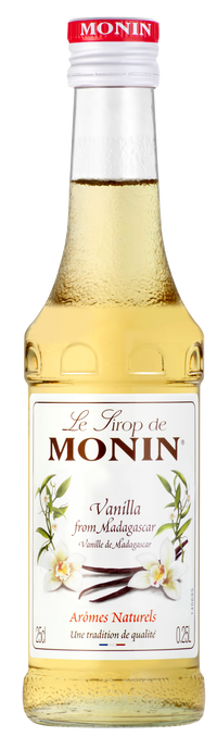 A 25cl glass bottle of Monin Vanilla Syrup with a white label and red accents, displaying the product name and a brief description.