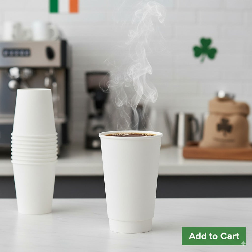 Stack of 16oz white double wall insulated coffee cups with a subtle steam effect, ideal for Irish cafes and businesses. A faint Irish flag and shamrock are in the background, with an "Add to Cart" button.