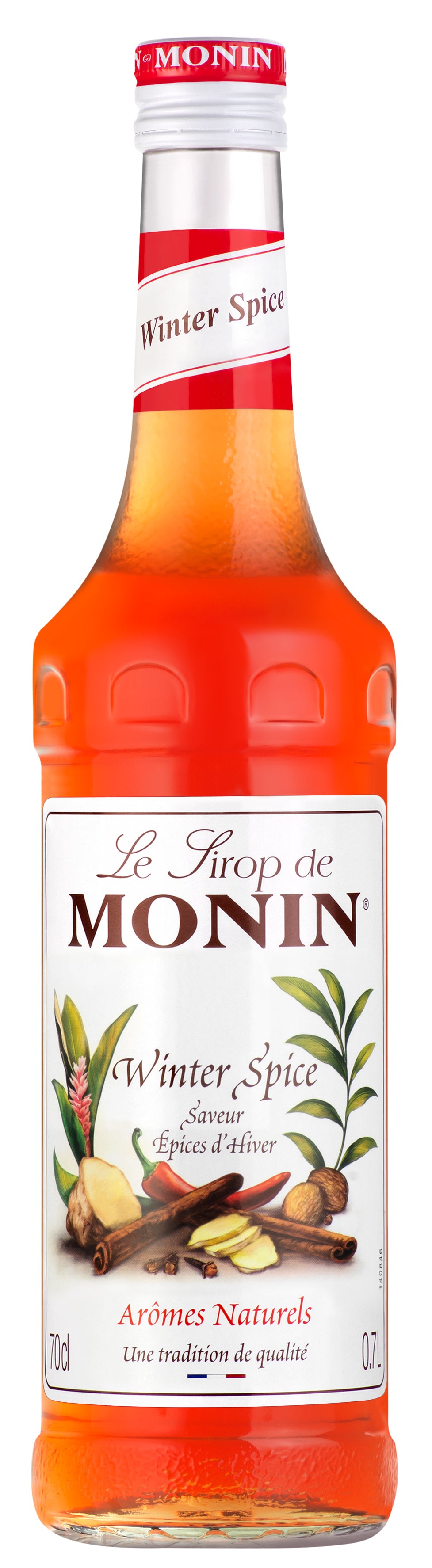 A bottle of Monin Winter Spice Syrup, 70cl, with a label showing an image of a spice blend and text indicating the product name and flavor.