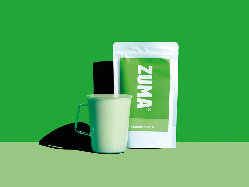 Zuma Matcha Powder 100g – pure Japanese green tea powder in a resealable pouch, ideal for lattes and smoothies